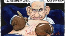 الكاريكاتير أظهر نتنياهو مرتديا قفازات ملاكمة وهو يحدد جزءا من خريطة تمثل قطاع غزة (ستيف بيل)