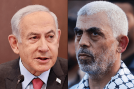 رئيس الوزراء الإسرائيلي بنيامين نتنياهو (يسار) وقائد حماس في غزة يحيى السنوار (رويترز)